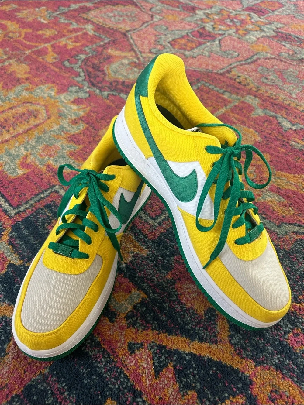 Nike | Men’s White/Yellow/Green Canvas Air Force 1 Lace Up Low Top Sneakers 13